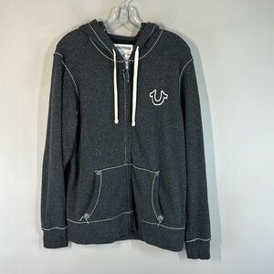 True Religion Men Gray Zip Up Jacket Hoodie Sz XL Buddha Logo Contrast Stitching